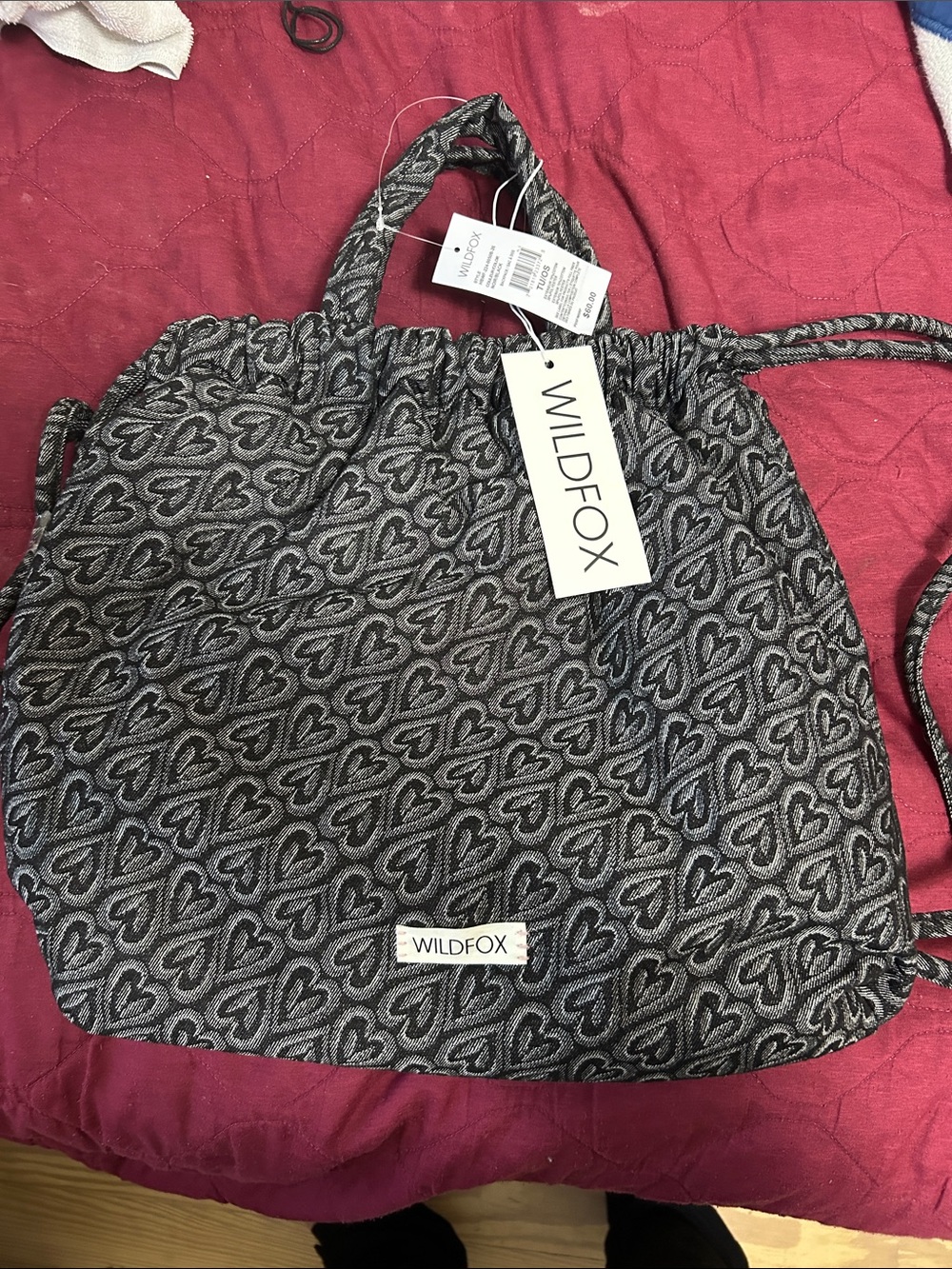 Wildfox Black & Gray Heart Jacquard Drawstring Tote